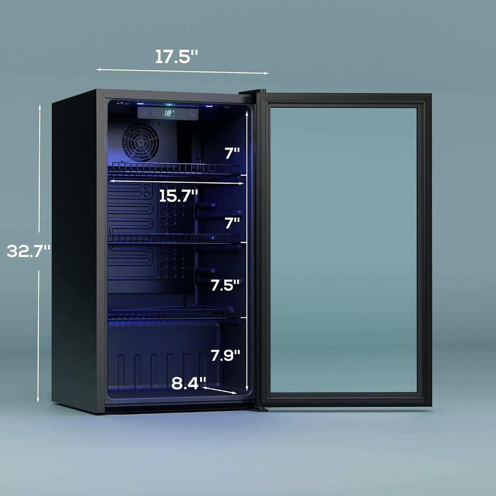 Beverage Refrigerator Cooler-130 Cans Freestanding Mini Fridge Cooler with Glass Door, Adjustable Shelves & Digital Temperature Display for Soda, Wine or Beer (Black, 3.2 Cu.Ft)