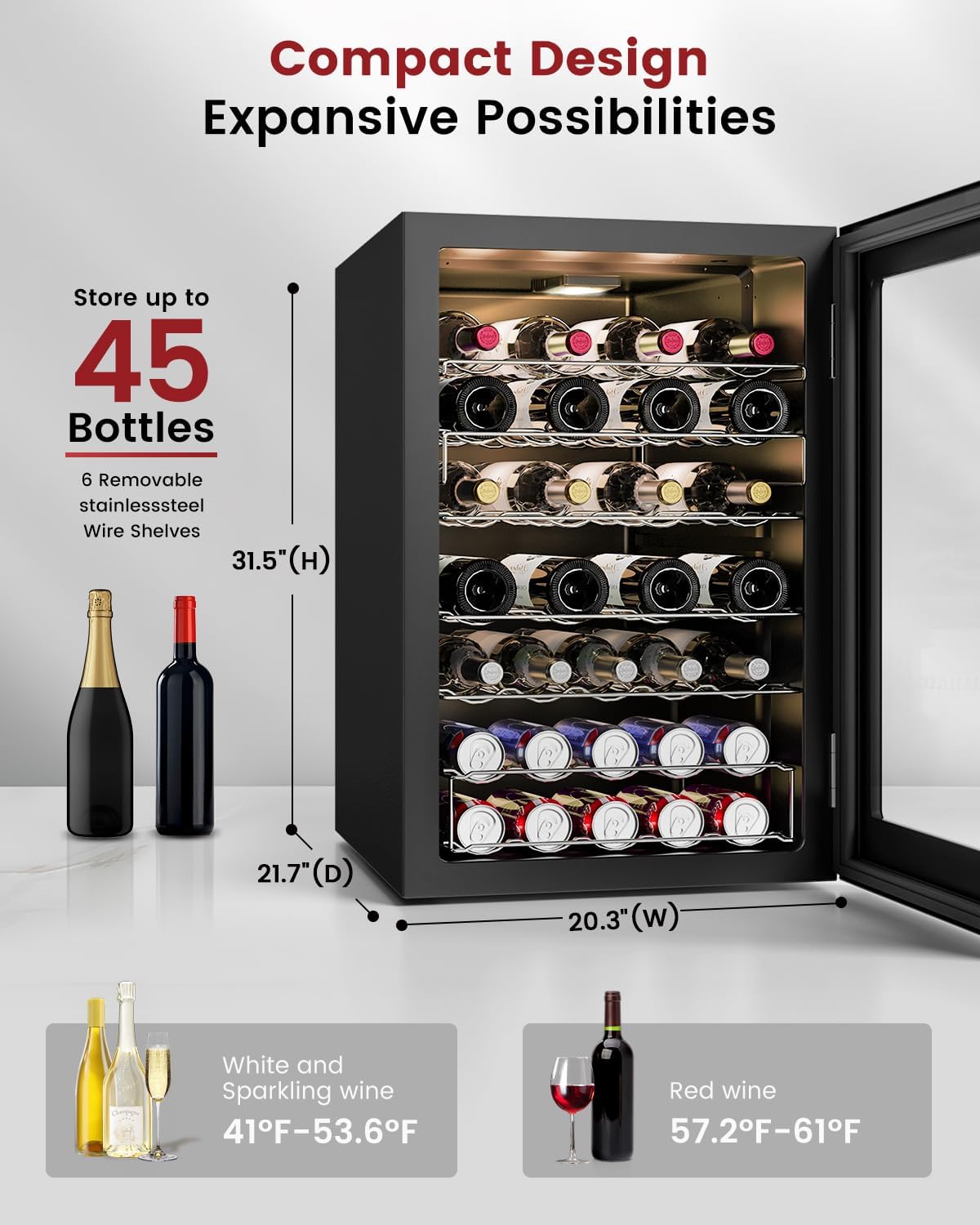 45 Bottle Wine Cooler Refrigerator - Small Wine Fridge for Red, White, Champagne, Freestanding Wine Cellar with Glass Door & Digital Temperature Control for Home Bar, Office