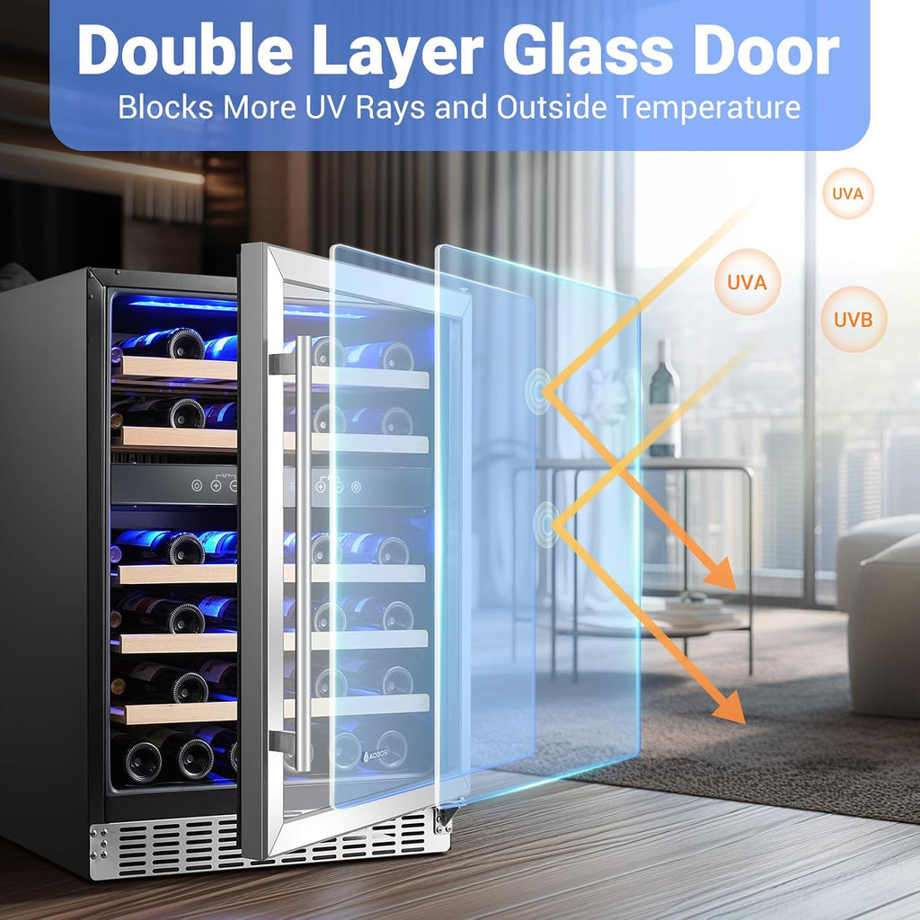 Wine Fridge Cooler, 46 Bottles,24 inch Dual Zone Wine Cooler Under Counter with Adjustable Shelves,Built-in or Freestanding Wine Refrigerators for Home,Office,Bar