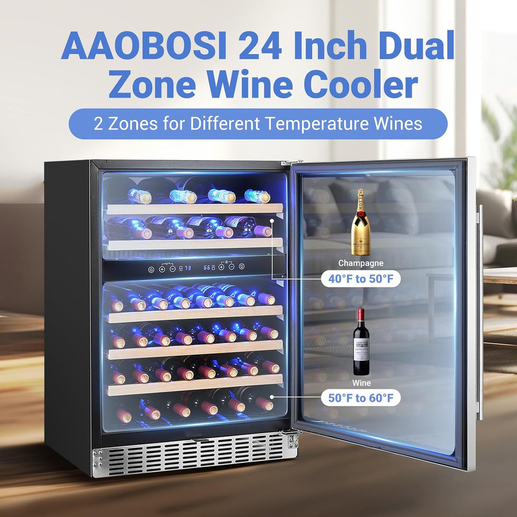 Wine Fridge Cooler, 46 Bottles,24 inch Dual Zone Wine Cooler Under Counter with Adjustable Shelves,Built-in or Freestanding Wine Refrigerators for Home,Office,Bar