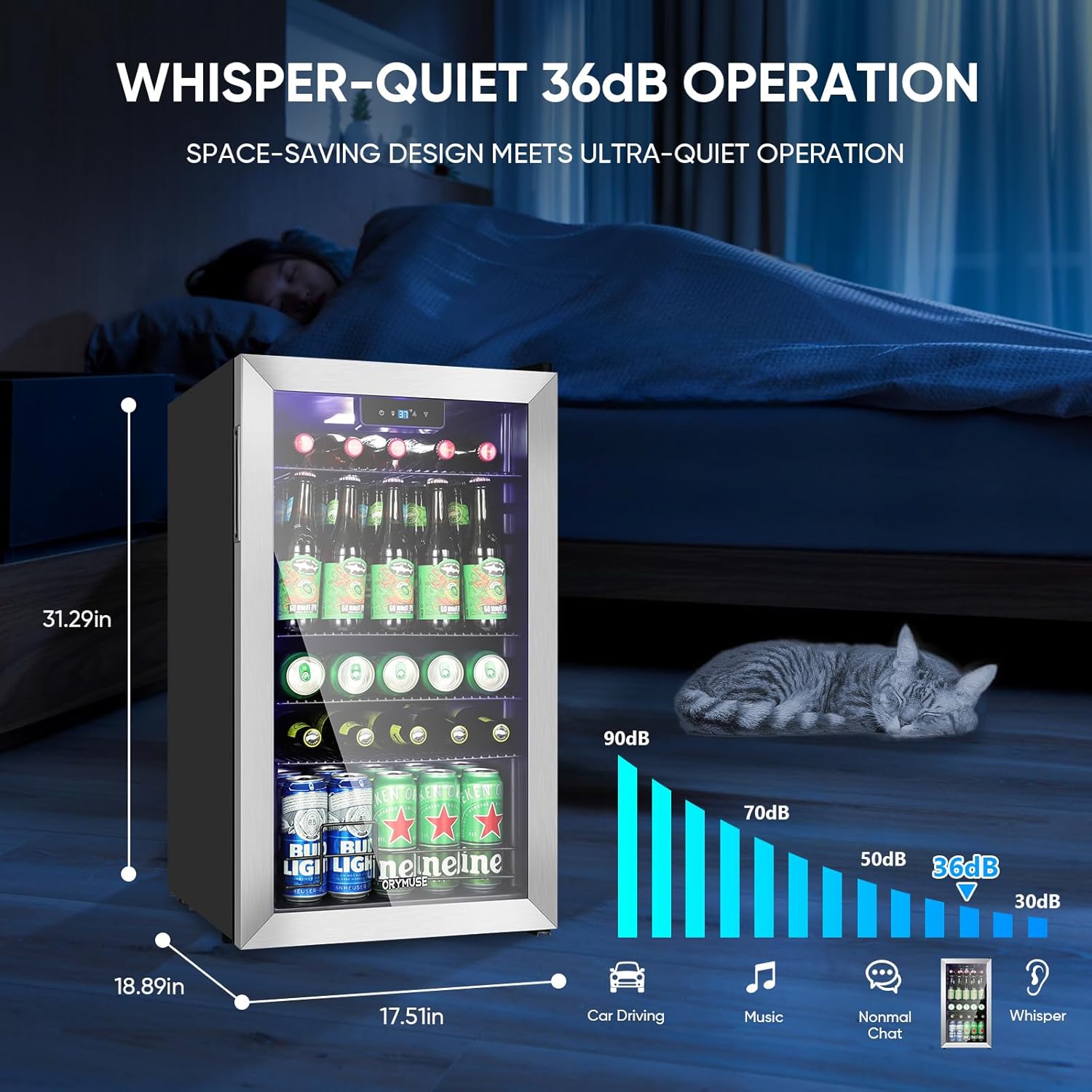 3.2 Cu.Ft Beverage Refrigerator, 130 Can Mini Fridge with Glass Door & Digital Temperature Control, Compressor Cooling Freestanding Cooler for Soda, Beer, Wine, Home, Office & Bar - Silver