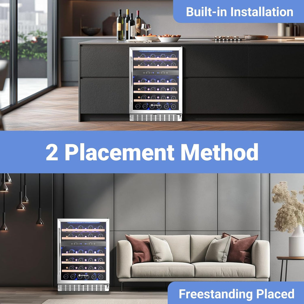 Wine Fridge Cooler, 46 Bottles,24 inch Dual Zone Wine Cooler Under Counter with Adjustable Shelves,Built-in or Freestanding Wine Refrigerators for Home,Office,Bar