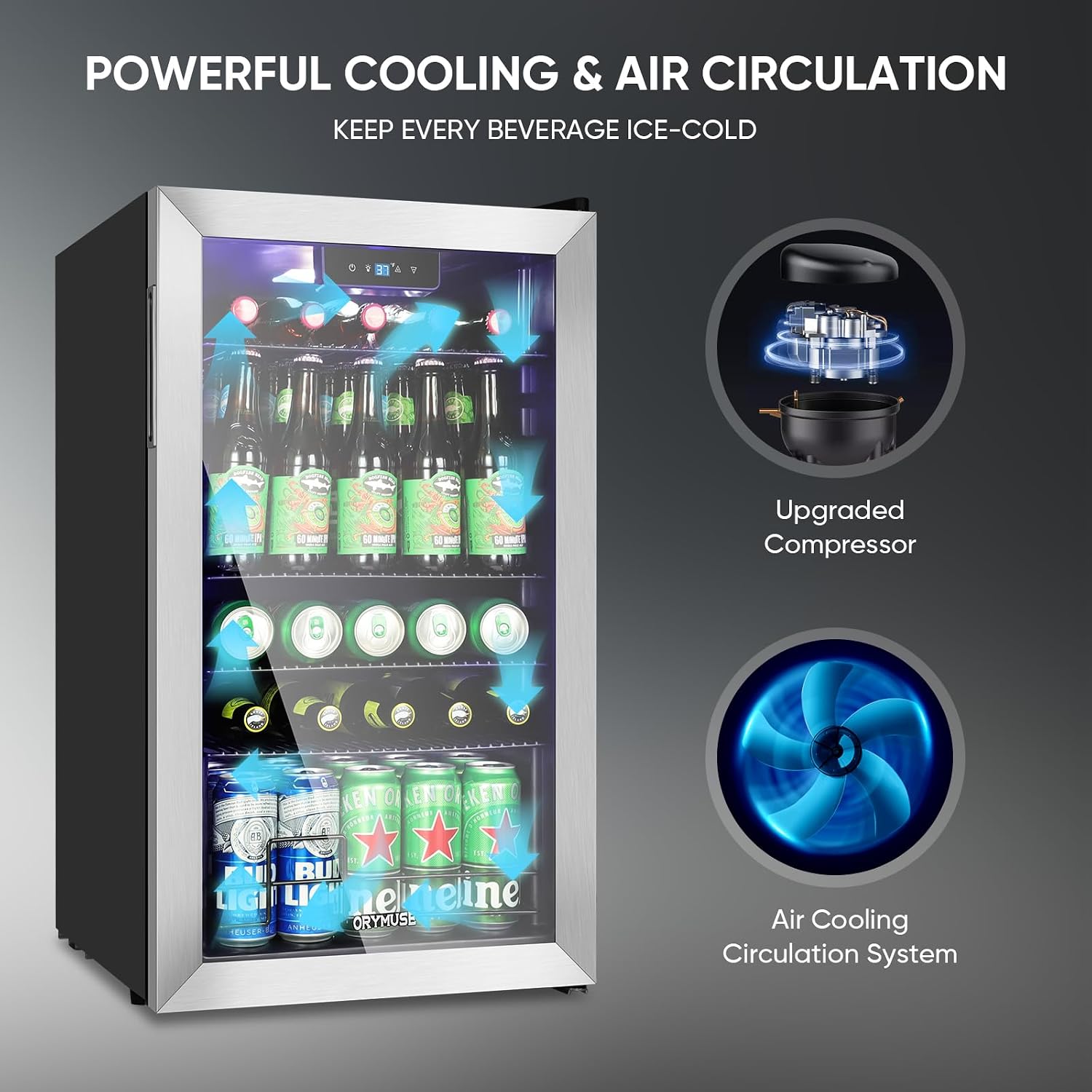 3.2 Cu.Ft Beverage Refrigerator, 130 Can Mini Fridge with Glass Door & Digital Temperature Control, Compressor Cooling Freestanding Cooler for Soda, Beer, Wine, Home, Office & Bar - Silver
