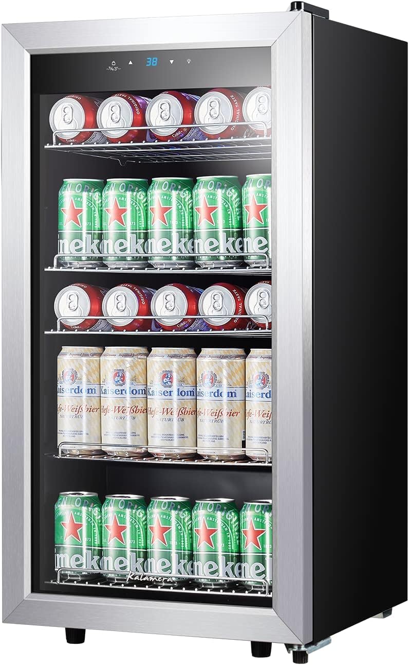 Mini Beverage Fridge Refrigerator- 120 Cans Freestanding Drink Cooler - for Soda, Water, Beer or Wine with White LED Light