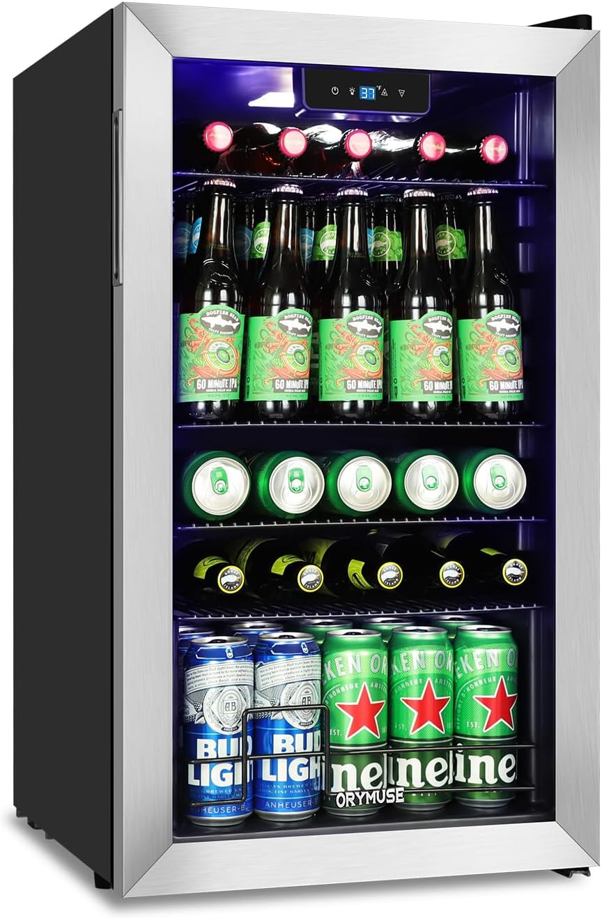 3.2 Cu.Ft Beverage Refrigerator, 130 Can Mini Fridge with Glass Door & Digital Temperature Control, Compressor Cooling Freestanding Cooler for Soda, Beer, Wine, Home, Office & Bar - Silver