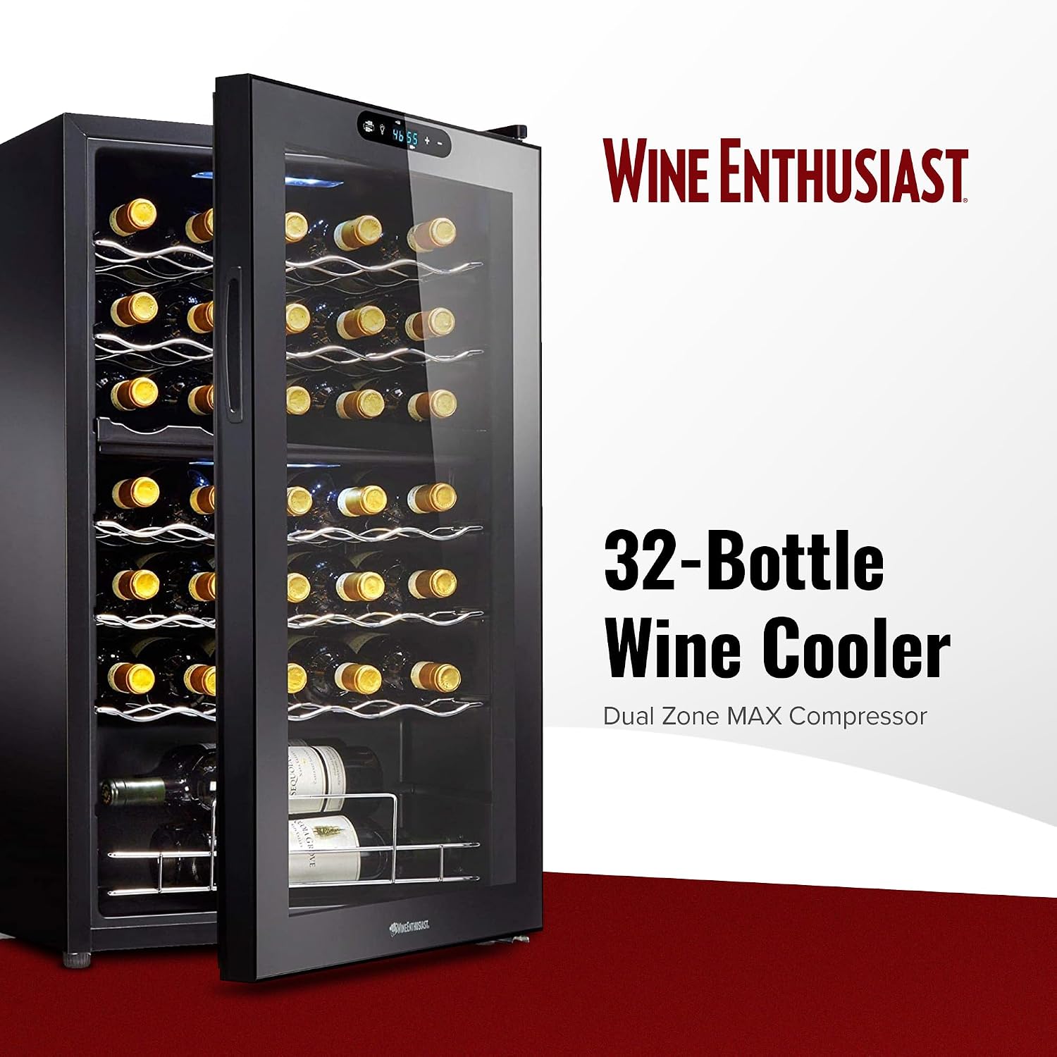 32-Bottle Dual Zone MAX Compressor Wine Cooler – Freestanding Mini Fridge with Digital Touchscreen, LED Display, Split Storage for Red & White Wines, Matte Black Refrigerator Home Bar