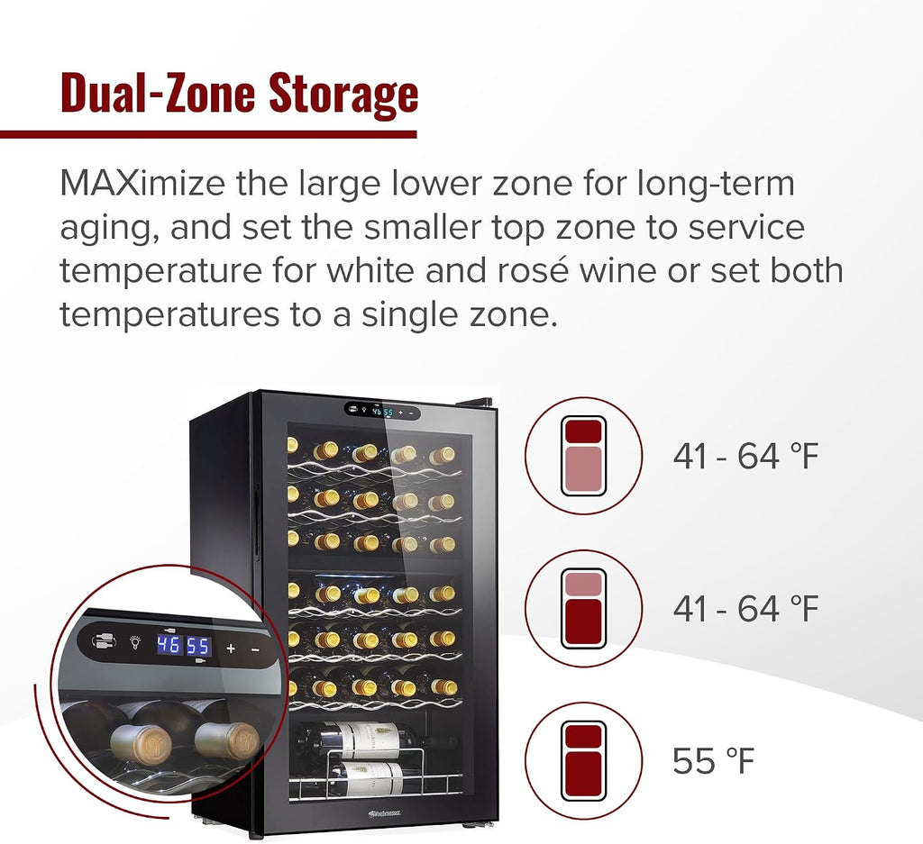 32-Bottle Dual Zone MAX Compressor Wine Cooler – Freestanding Mini Fridge with Digital Touchscreen, LED Display, Split Storage for Red & White Wines, Matte Black Refrigerator Home Bar