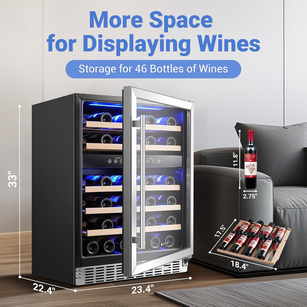 Wine Fridge Cooler, 46 Bottles,24 inch Dual Zone Wine Cooler Under Counter with Adjustable Shelves,Built-in or Freestanding Wine Refrigerators for Home,Office,Bar