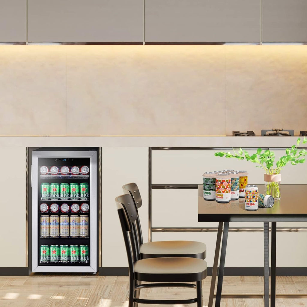 Mini Beverage Fridge Refrigerator- 120 Cans Freestanding Drink Cooler - for Soda, Water, Beer or Wine with White LED Light