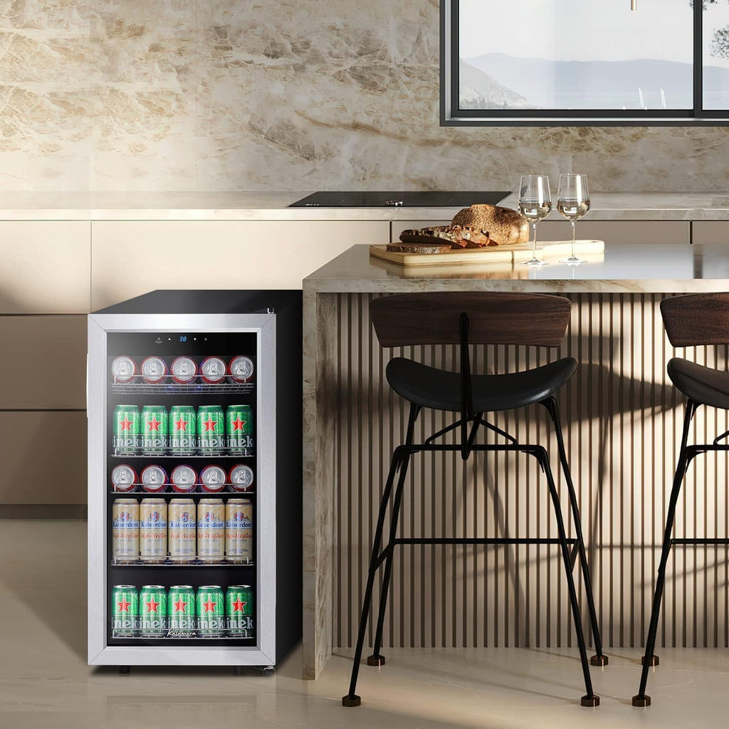 Mini Beverage Fridge Refrigerator- 120 Cans Freestanding Drink Cooler - for Soda, Water, Beer or Wine with White LED Light