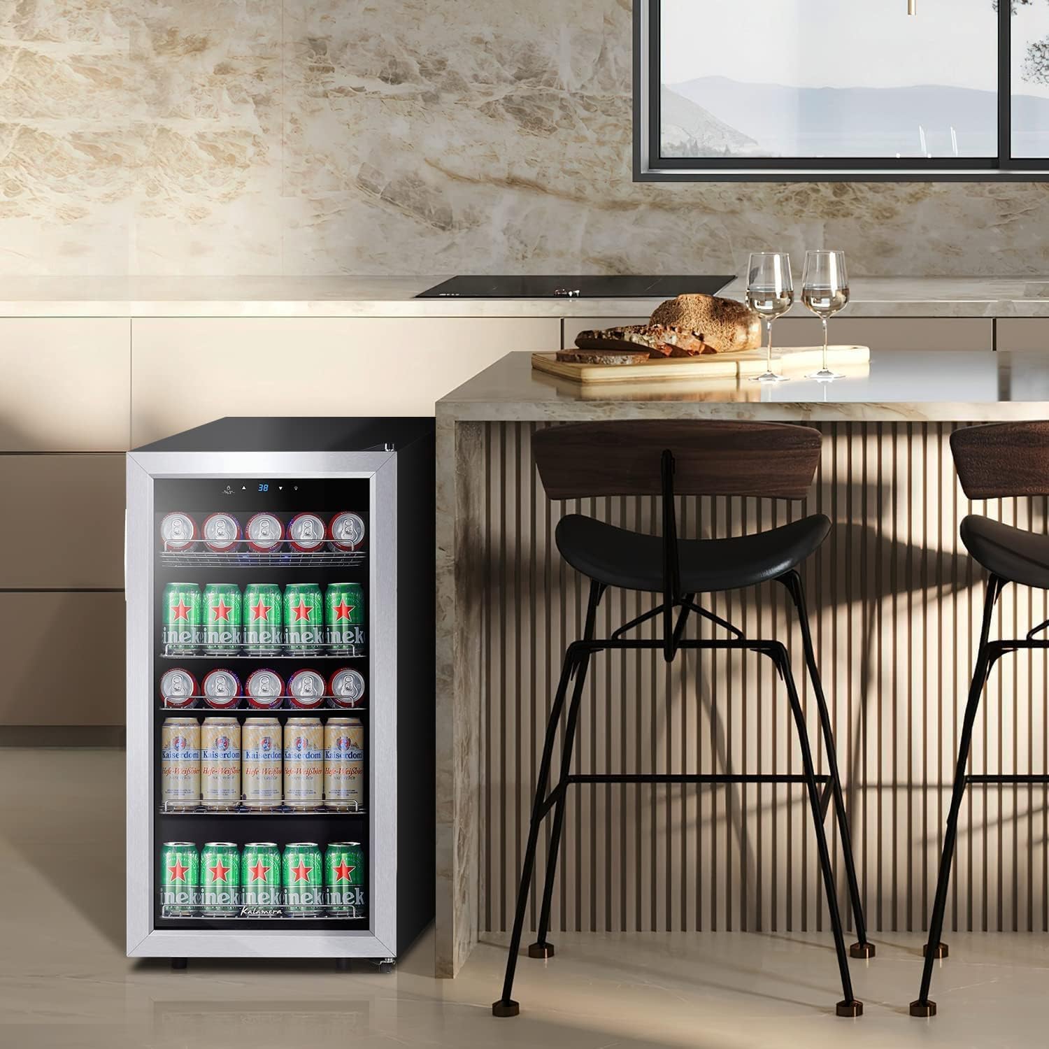 Mini Beverage Fridge Refrigerator- 120 Cans Freestanding Drink Cooler - for Soda, Water, Beer or Wine with White LED Light
