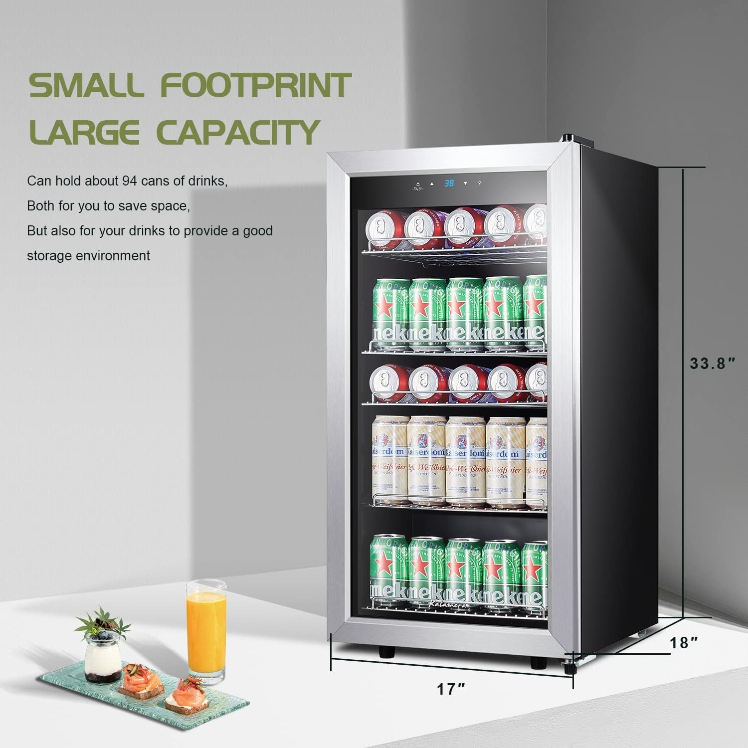 Mini Beverage Fridge Refrigerator- 120 Cans Freestanding Drink Cooler - for Soda, Water, Beer or Wine with White LED Light