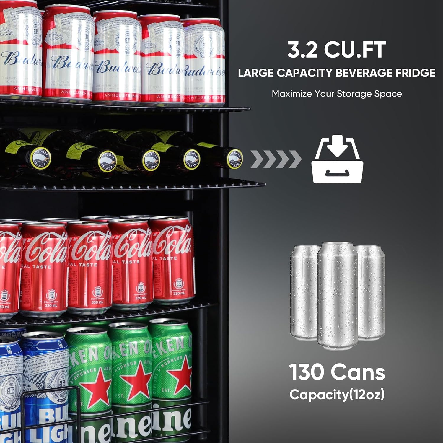 3.2 Cu.Ft Beverage Refrigerator, 130 Can Mini Fridge with Glass Door & Digital Temperature Control, Compressor Cooling Freestanding Cooler for Soda, Beer, Wine, Home, Office & Bar - Silver
