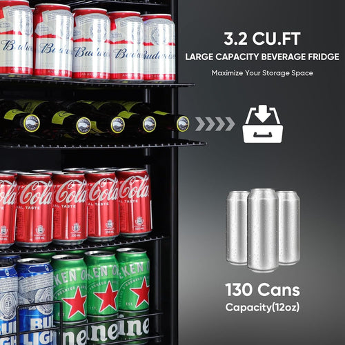 3.2 Cu.Ft Beverage Refrigerator, 130 Can Mini Fridge with Glass Door & Digital Temperature Control, Compressor Cooling Freestanding Cooler for Soda, Beer, Wine, Home, Office & Bar - Silver