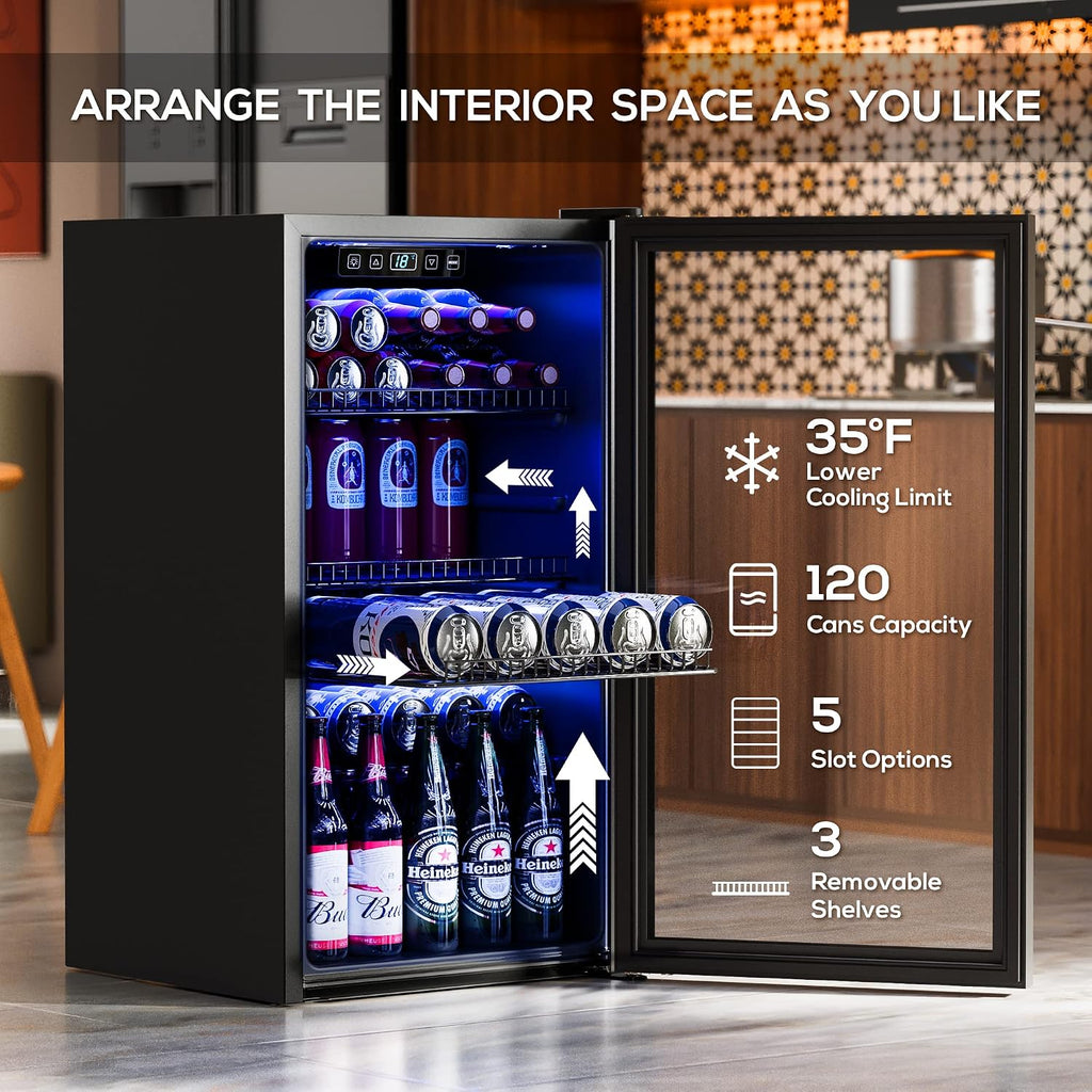 Beverage Refrigerator Cooler-130 Cans Freestanding Mini Fridge Cooler with Glass Door, Adjustable Shelves & Digital Temperature Display for Soda, Wine or Beer (Black, 3.2 Cu.Ft)