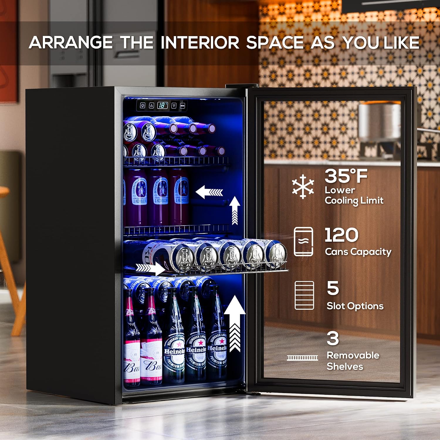 Beverage Refrigerator Cooler-130 Cans Freestanding Mini Fridge Cooler with Glass Door, Adjustable Shelves & Digital Temperature Display for Soda, Wine or Beer (Black, 3.2 Cu.Ft)