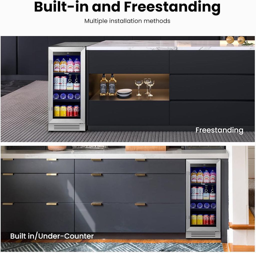 15 inch Built-In Beverage Refrigerator (2 Pack) – Compact Drink Cooler with Glass Door, Auto Defrost Mini Wine & Beer Fridge for Cans and Bottles, Under Counter & Freestanding