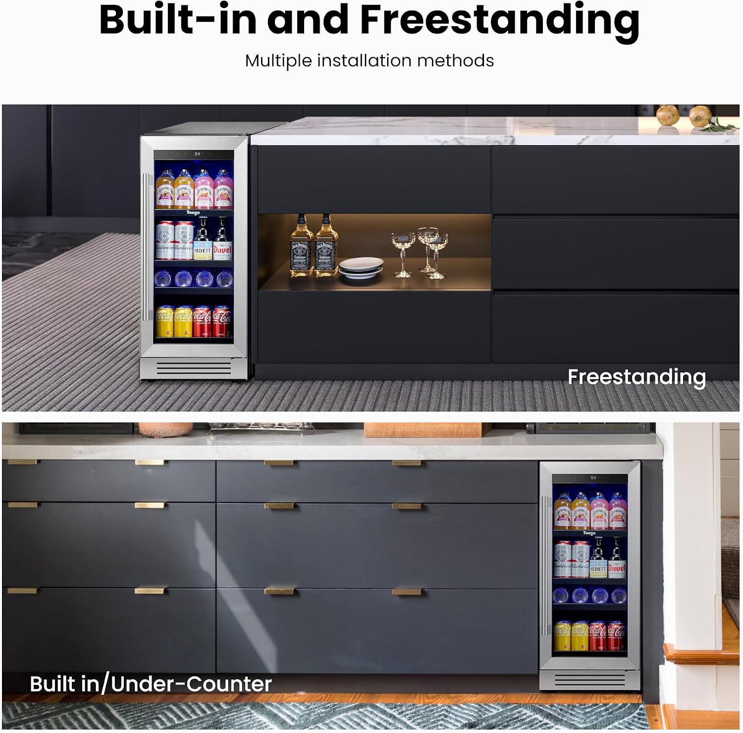 15 inch Built-In Beverage Refrigerator (2 Pack) – Compact Drink Cooler with Glass Door, Auto Defrost Mini Wine & Beer Fridge for Cans and Bottles, Under Counter & Freestanding