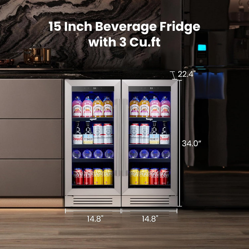 15 inch Built-In Beverage Refrigerator (2 Pack) – Compact Drink Cooler with Glass Door, Auto Defrost Mini Wine & Beer Fridge for Cans and Bottles, Under Counter & Freestanding