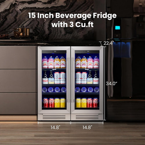 15 inch Built-In Beverage Refrigerator (2 Pack) – Compact Drink Cooler with Glass Door, Auto Defrost Mini Wine & Beer Fridge for Cans and Bottles, Under Counter & Freestanding