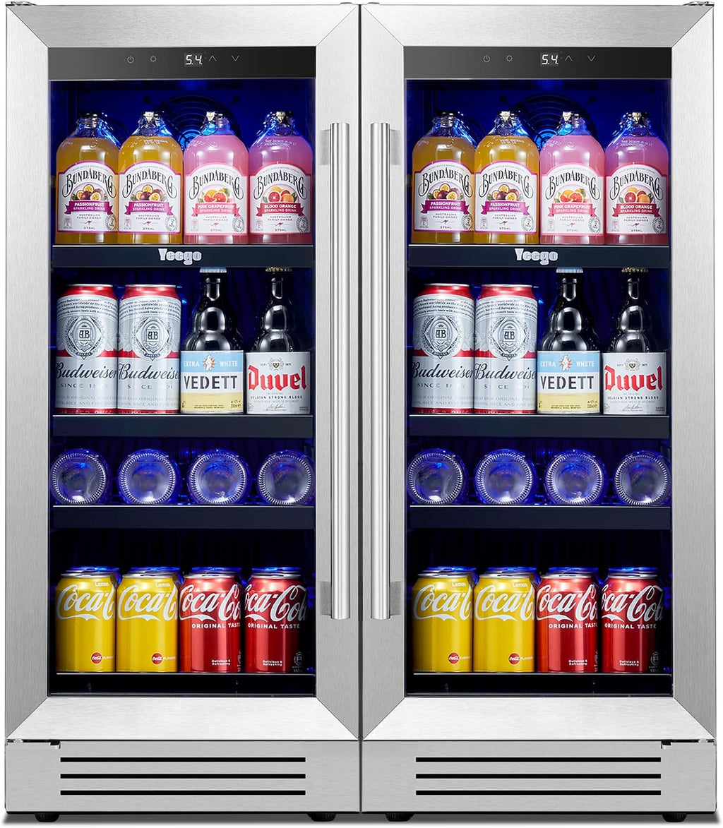 15 inch Built-In Beverage Refrigerator (2 Pack) – Compact Drink Cooler with Glass Door, Auto Defrost Mini Wine & Beer Fridge for Cans and Bottles, Under Counter & Freestanding