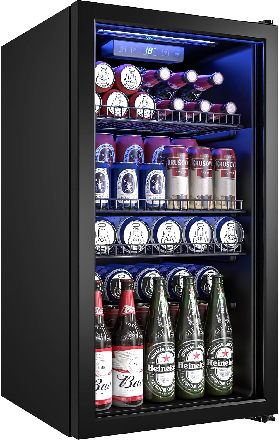 Beverage Refrigerator Cooler-130 Cans Freestanding Mini Fridge Cooler with Glass Door, Adjustable Shelves & Digital Temperature Display for Soda, Wine or Beer (Black, 3.2 Cu.Ft)