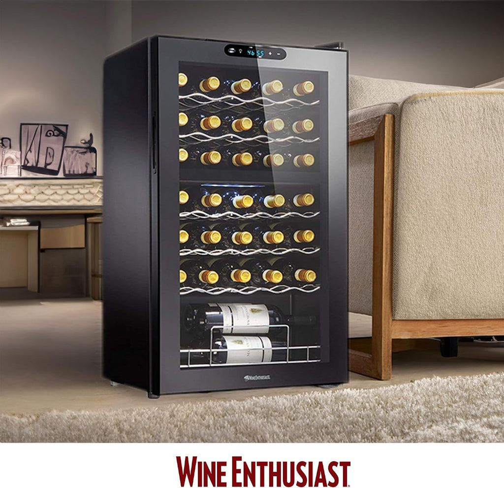 32-Bottle Dual Zone MAX Compressor Wine Cooler – Freestanding Mini Fridge with Digital Touchscreen, LED Display, Split Storage for Red & White Wines, Matte Black Refrigerator Home Bar