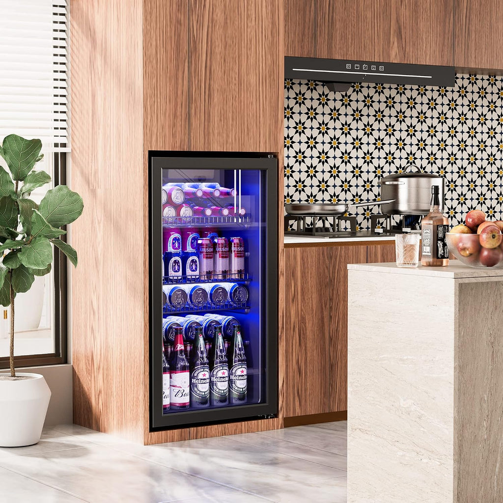 Beverage Refrigerator Cooler-130 Cans Freestanding Mini Fridge Cooler with Glass Door, Adjustable Shelves & Digital Temperature Display for Soda, Wine or Beer (Black, 3.2 Cu.Ft)
